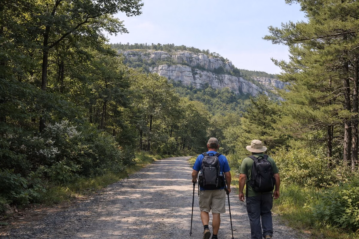Two hikers with poles on a gravel carriage road through pines below pale cliffs